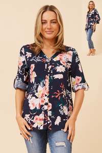 Caroline Morgan Viscose Print Top ~ Floral Navy