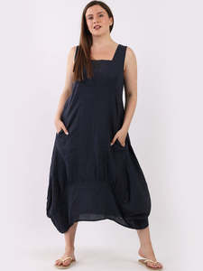 Italian Made Linen Cotton Clothing: Made in Italy Square Neck Sleeveless Maxi Dress ~ Navy