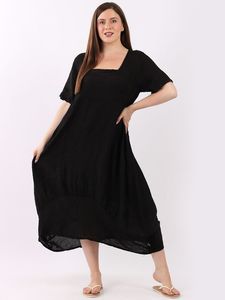 Italian Plain Square Neck Linen Dress Black Sz 12-18