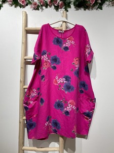 Colette Italian Made Linen Blue Rose Dress ~ Fuschia