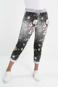 Italian Stretch Cotton Trousers ~ Floral Black