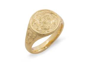 Big Bold Gold: Round Hand Engraved Signet Ring, Yellow Gold