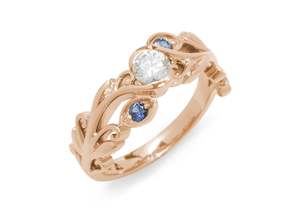 Elvish Inspired Engagement Over 500: Three-Stone Diamond & Sapphire Elvish Vine Engagement Ring, Red Gold