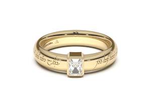 Emerald Cut Modern Elvish Engagement Ring, Yellow Gold