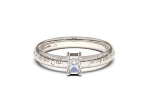 Elvish Inspired Engagement Over 500: Emerald Cut Classic Slim Elvish Engagement Ring, White Gold & Platinum