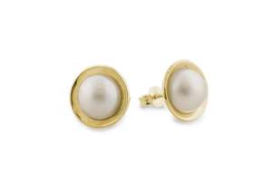 Pearl: Mabe Pearl Earrings, Yellow Gold