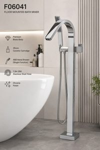Products: Chrome Freestanding Bathtub Mixer Tap with Handheld Shower – Floor Mounted F06041 - Jerry Kitchen & Bath
