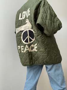 Love Peace Quilted Embroidered Jacket Green