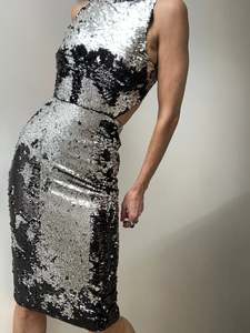 Dresses: Ganni Highneck Backless Sequin Dress Black & Silver