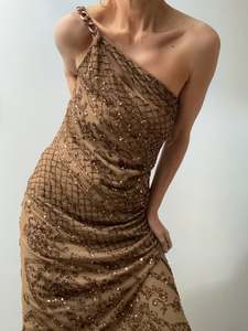 Chain Shoulder Bronze Sequin Gown