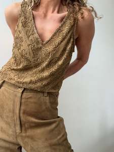 Ralph Lauren: Beaded Mesh Sleeveless  Top Gold