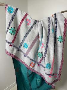 Kantha Quilt Green White Floral