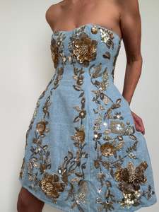 3D Floral Gold Denim Mini Dress