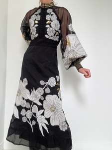 Organdie Applique Midi Dress Black