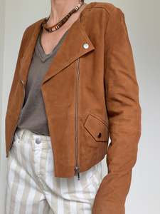 Leather Jackets: Suede Round Neck Fitted Jacket
