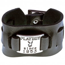 Products: Playboy - Metal Logo Black Leather Wristband