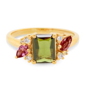 Rings: 9K Yellow Gold Green Tourmaline, Pink Tourmaline & Diamond Ring