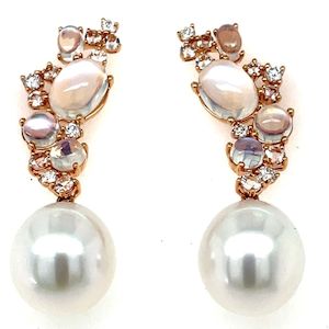 Diamond Jewellery: Autore 18K Rose Gold South Seas Pearls, Moonstone, Morganite & Diamond Earrings