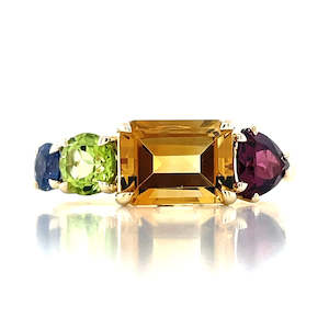 Gemstone Jewellery: 9k Yellow Gold Citrine, Rhodolite Garnet,Peridot & Sapphire Ring