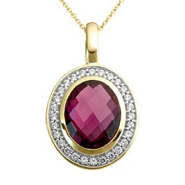 Gemstone Jewellery: 9kYellow Gold Rhodolite Garnet & Diamonds Pendant