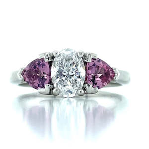Rings Three Stone: 'Isabeau' Platinum 0.81ct Oval Diamond & Padparadscha Sapphires Ring