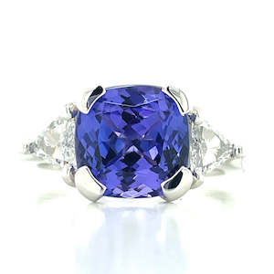Gemstone Jewellery: Platinum 4.30ct Cushion Tanzanite & Trillion Diamonds Ring