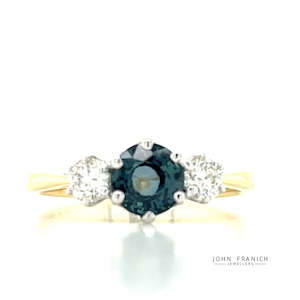 Rings Three Stone: 18k B/Tn 1.13ct Sapphire & Diamonds Ring