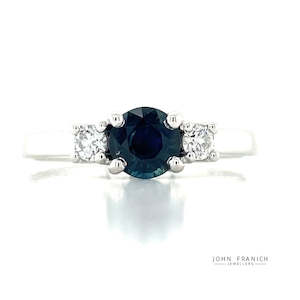 Rings Three Stone: 9k White Gold 0.70ct Blue Sapphire & Diamonds Ring