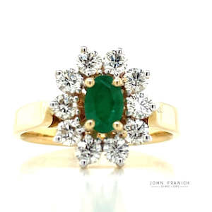 Jewellery Emerald: 9k Gold 0.46ct Oval Emerald & Diamonds Cluster Rng