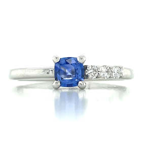 Rings Solitaire: 'Bluet' 9k White Gold 0.47ct Cushion Blue Sapphire & Diamonds Ring