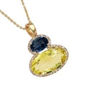 Necklaces Pendants: 9K Yellow Gold Lemon Quartz, London Blue Topaz & Diamond Enhancer Pendant