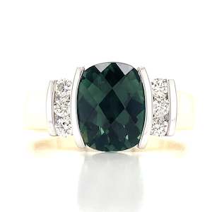 Gemstone Jewellery: 9K B/Tne 2.35ct Cushion Green Tourmaline & Diamond Ring