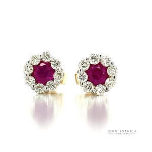 Jewellery Ruby: 9k Yellow Gold 0.42ct Rubies & Diamonds Cluster Stud Earrings