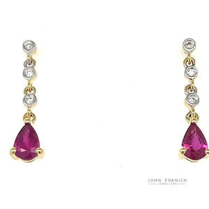 Jewellery Ruby: 18k Yellow Gold Rubies & Diamonds Drop Earrings