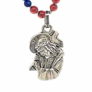 Stg Silver Jesus w Cross Pendant, Lapis & Garnet Beads Necklace