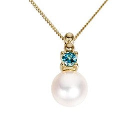 9k Yellow Gold FW Pearl & London Blue Topaz Pendant