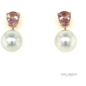 18k Yellow Gold 2.05ct Pink Tourmaline & South Seas Pearl Earrings