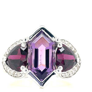 Rings: 9k B/Tn Amethyst, Rhodolite Garnets & Diamonds Ring