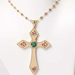 9K Yellow Gold 2.49ct Green & Pink Tourmaline Cross Pendant