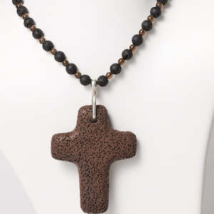 Smokey Quartz & Black Lava Beads Necklace with Brown Lava Cross Pendant