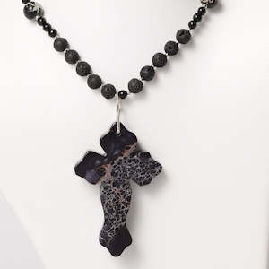 On Sale: Black Jasper, Lava Bead, Onyx & Hematite Necklace w Black Jasper Cross 78cm