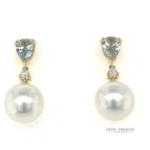 18k Yellow Gold South Seas Pearls, Green Sapphires & Diamonds Drop Earrings