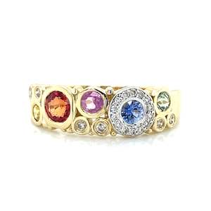 9K Yellow Gold Multi Colour Sapphires & Diamonds Ring