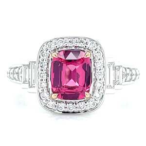 Gemstone Jewellery: 'Sandi' Platinum/18k Gold Pink Spinel (Mahenge) Baguette & Round Diamonds Ring