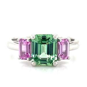 Gemstone Jewellery: 'Phoebe' Platinum 1.78ct Cushion Green Tourmaline & Pink Sapphires Ring