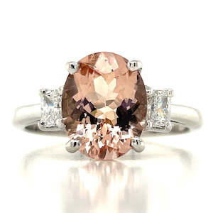 Morganite: 'Tamora Rose' 9k White Gold 2.29ct Oval Morganite & Radiant Diamonds Ring
