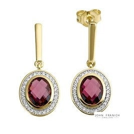 9k Yellow Gold Rhodolite Garnet & Diamonds Earrings