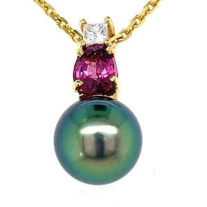 Garnet: 18k Gold Tahitian Black Pearl Rhodolite Garnet & Princess Diamond Pendant