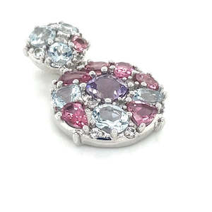 9K White Gold Amethyst,Pink Tourmaline, Aquamarine & White Topaz Pendant