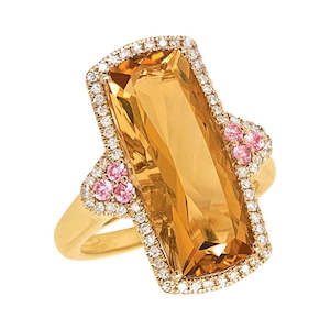 Citrine: 9k Yellow Gold Citrine, Pink Sapphire & 0.23ct Diamonds Ring